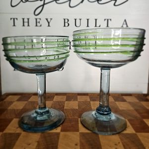 Handblown Blue & Green Swirl Margarita Glasses Set Of Two